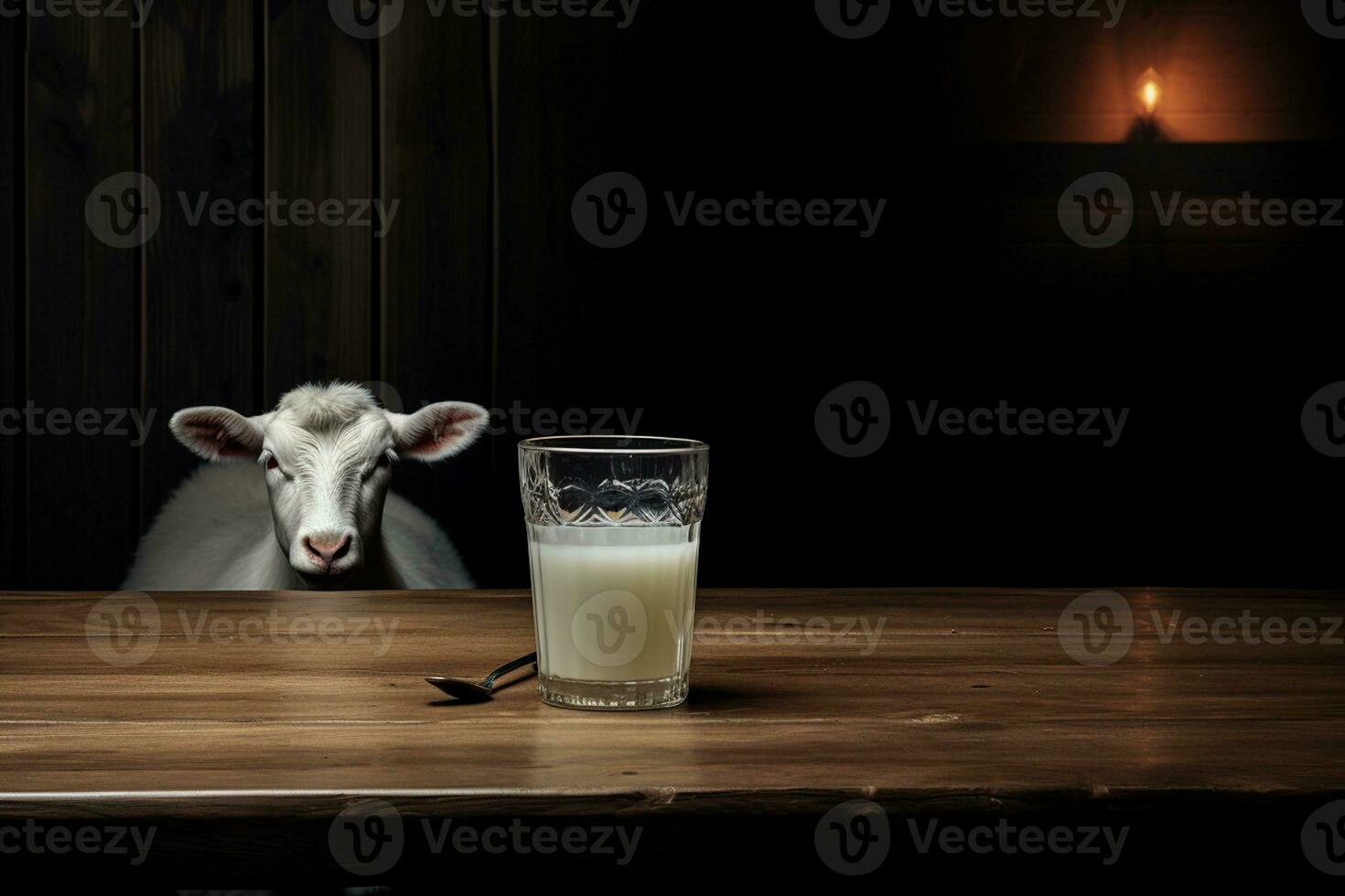 Rustic Farm Setting Goat and Milk on Wooden Table. Generative By Ai photo