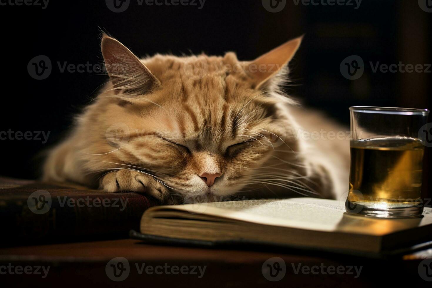 Cat Napping on Open Book with Glasses. Generative By Ai photo