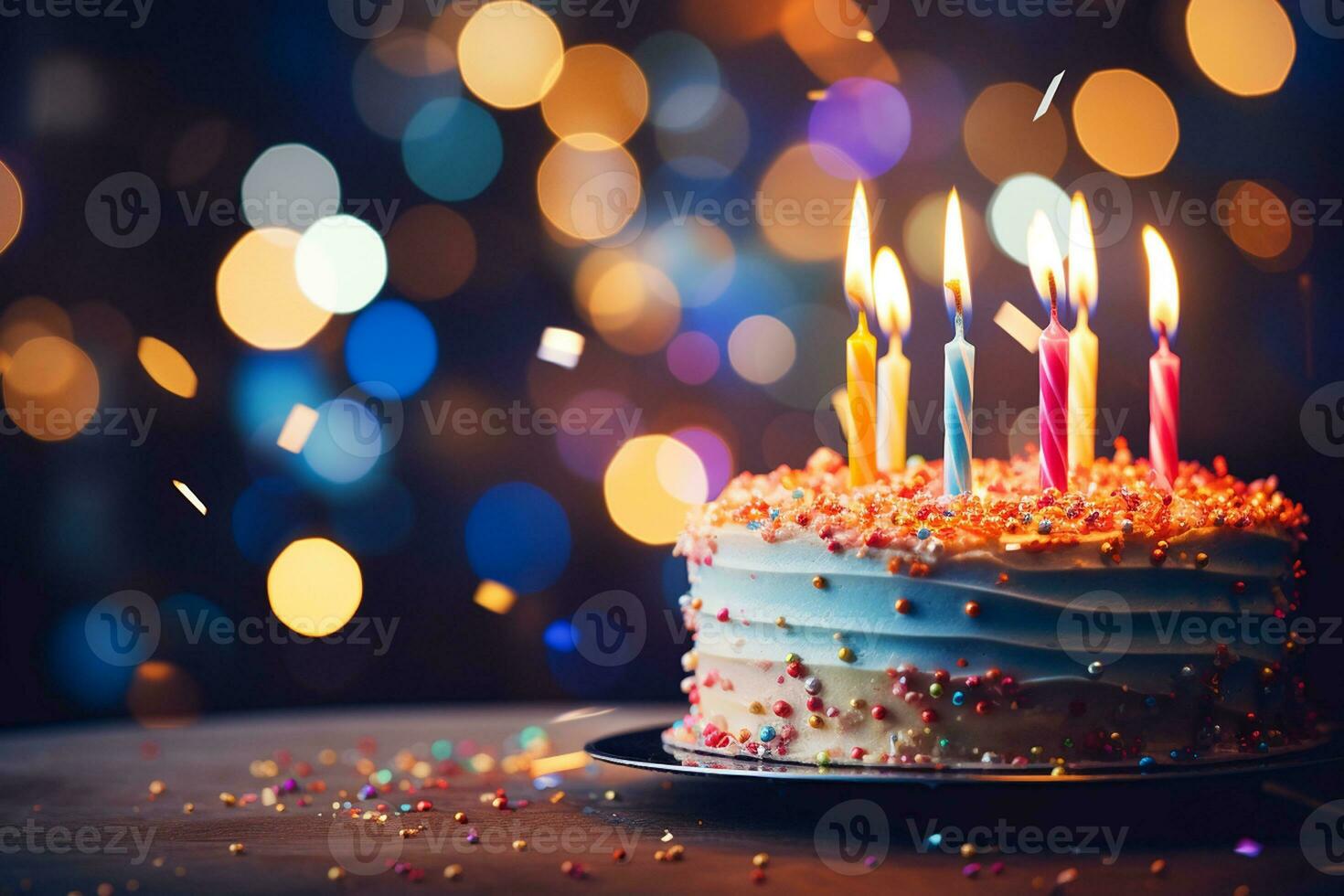Birthday Cake's Candlelit Beauty. Generative By Ai photo