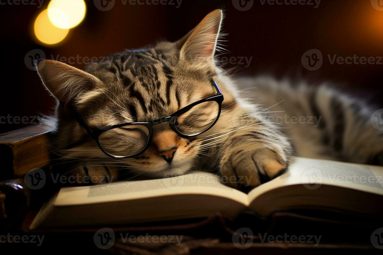 Cat Napping on Open Book with Glasses. Generative By Ai photo