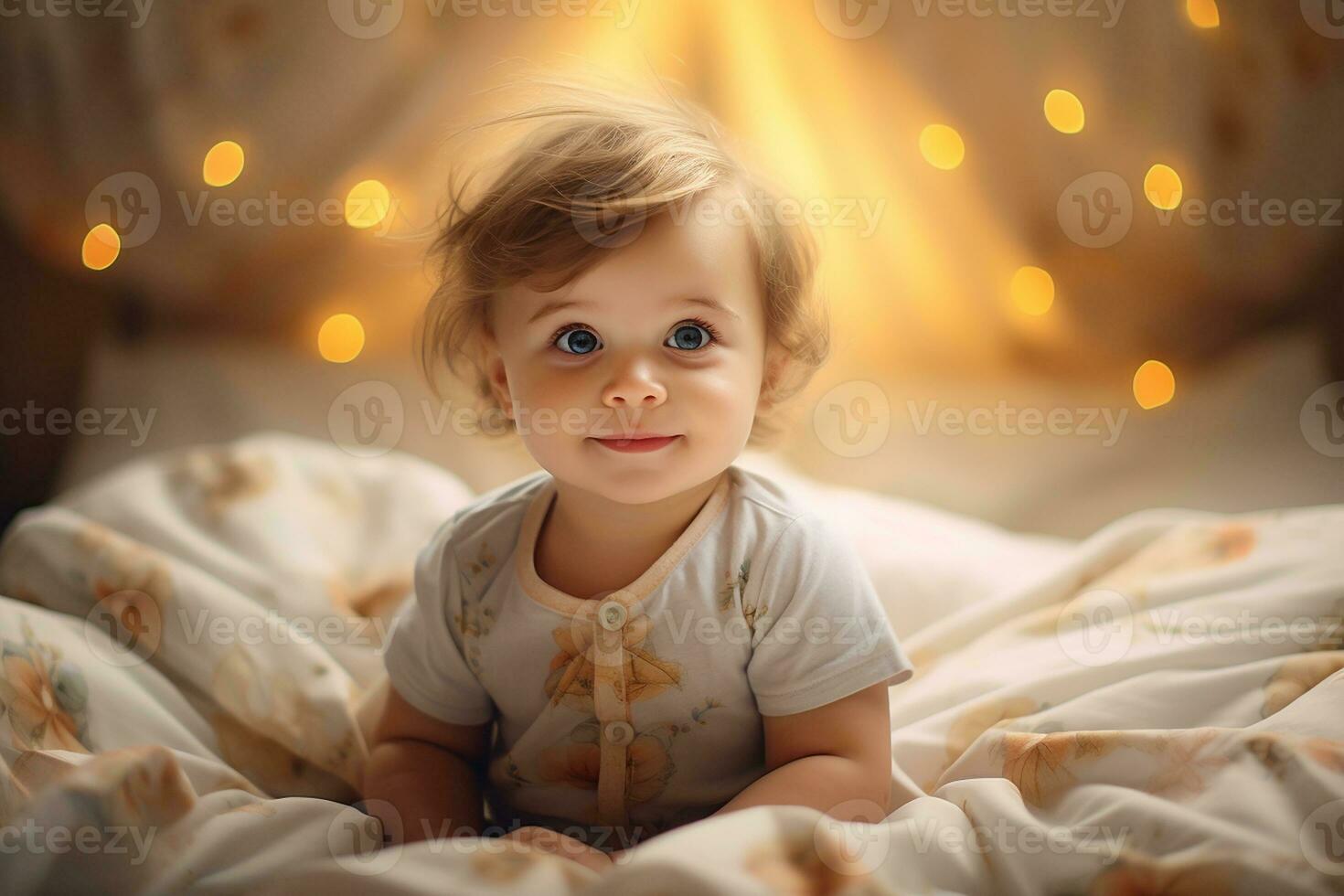 Baby's Happy Time on the Bed. Generative By Ai photo