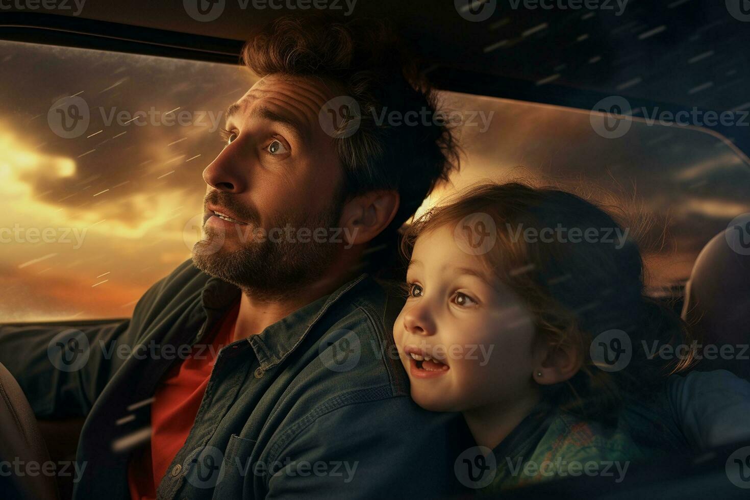 A Joyful Car Ride with Dad and Siblings. Generative By Ai photo