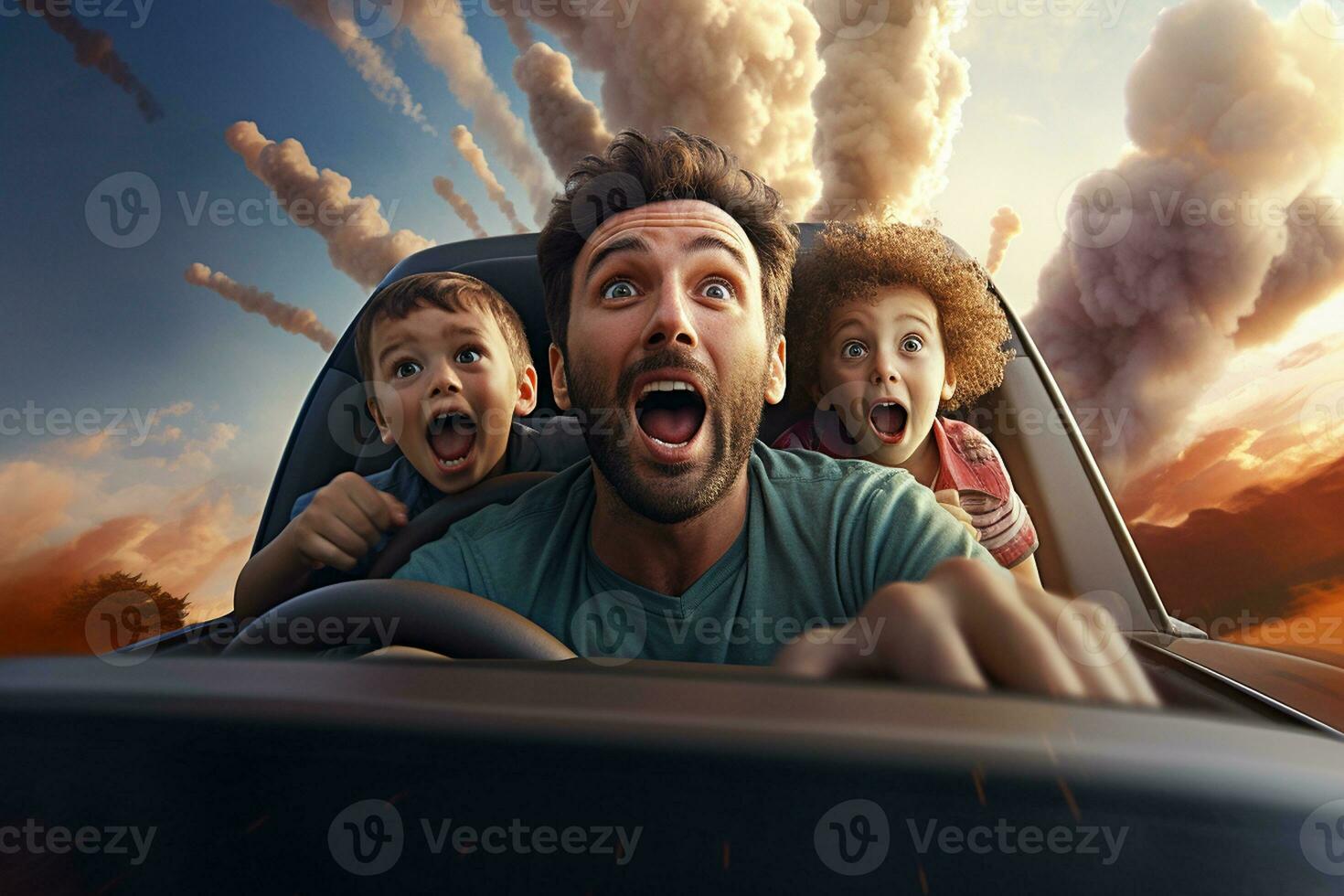 un alegre coche paseo con papá y hermanos. generativo por ai foto