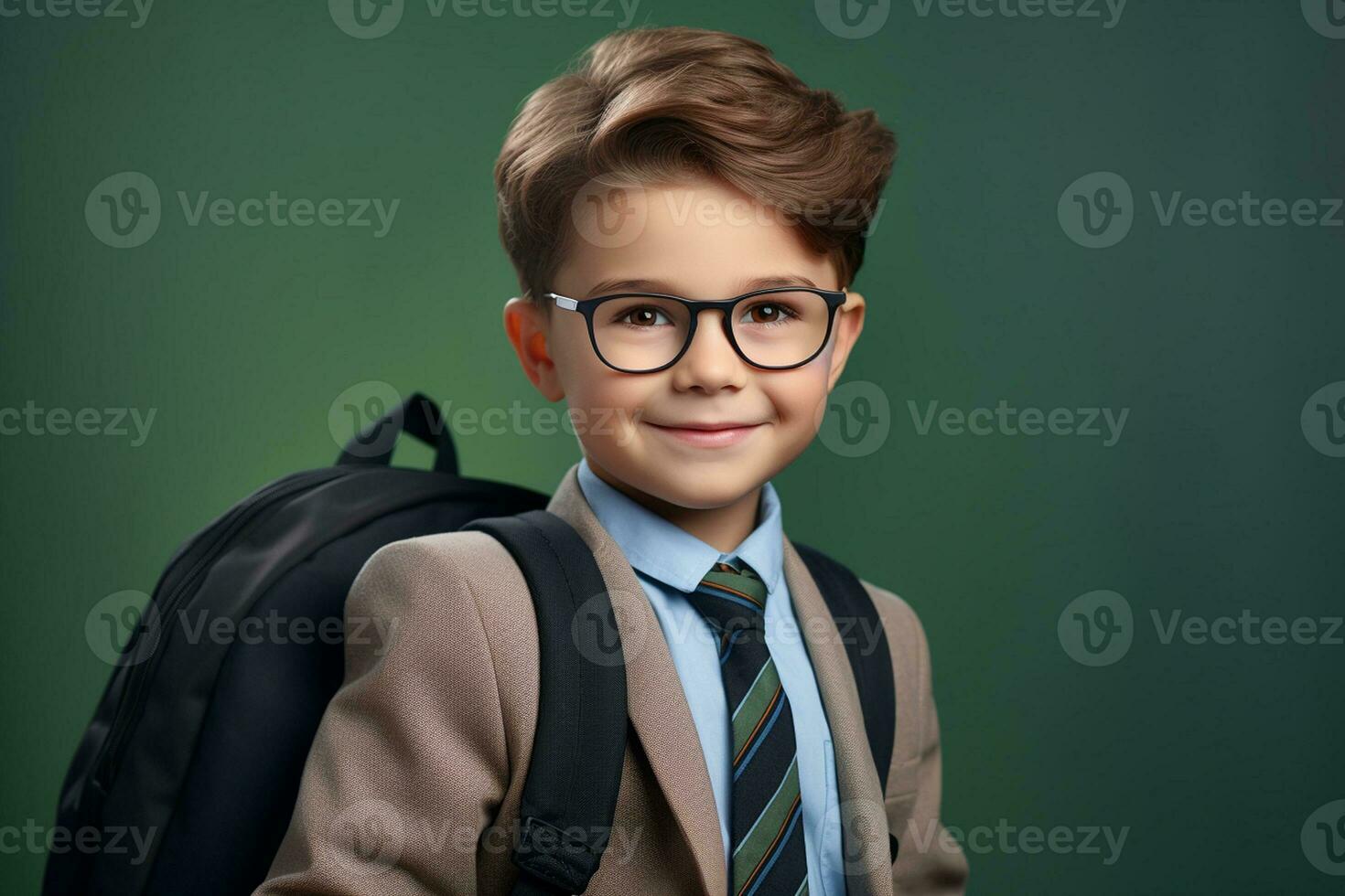 Portrait of a Cheerful Schoolboy in Eyeglasses with Backpack. Generative By Ai photo