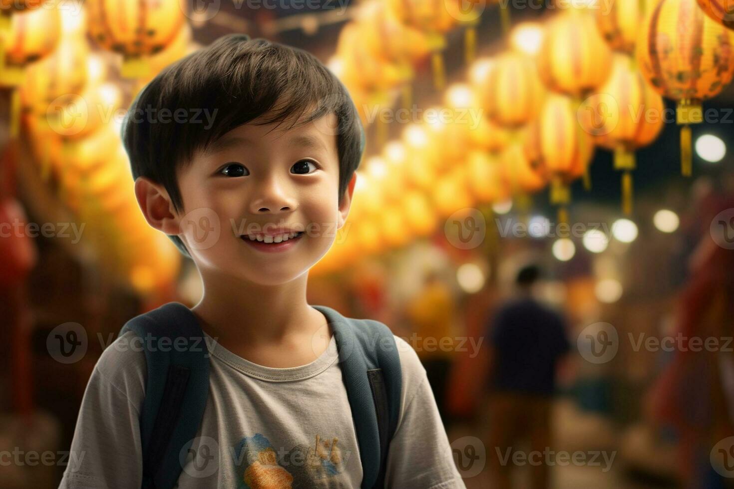 Portrait of a Cute Asian Boy Smiling at the Night Market. Generative By Ai photo