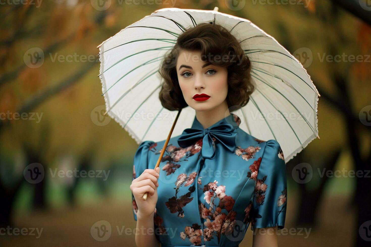 Portrait of a Beautiful Young Woman in Vintage Dress with Timeless Elegance. Generative By Ai photo