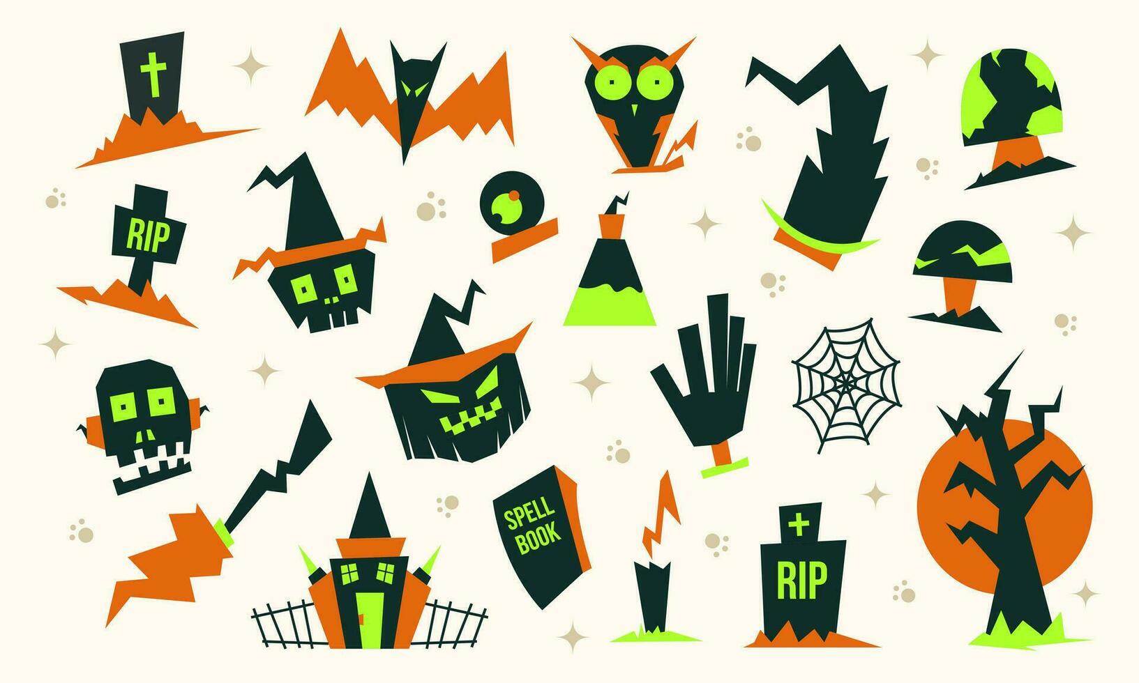 Flat halloween illustration pack set of elements. Vector illustration in hand drawn style.