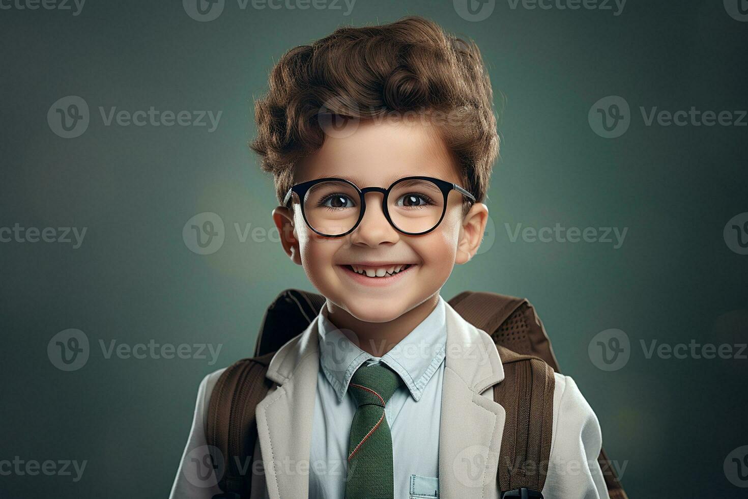 Portrait of a Cheerful Schoolboy in Eyeglasses with Backpack. Generative By Ai photo