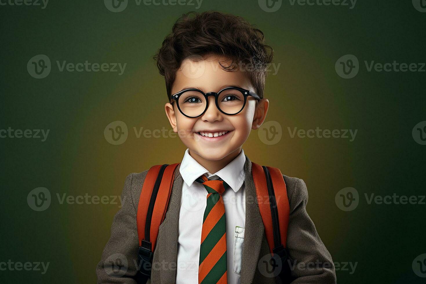 Portrait of a Cheerful Schoolboy in Eyeglasses with Backpack. Generative By Ai photo