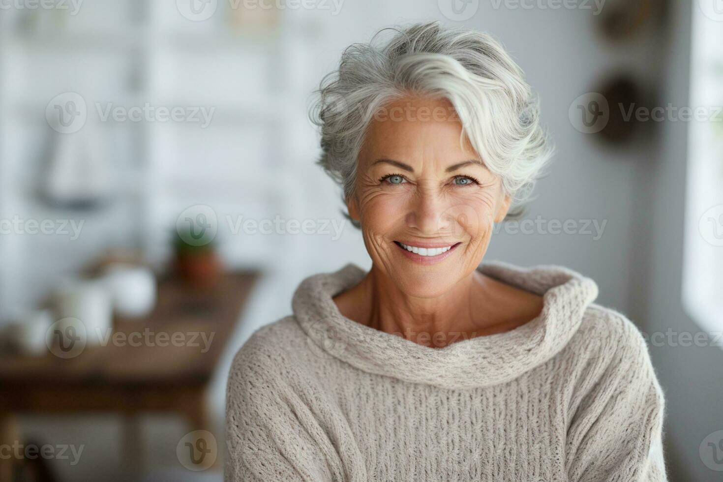 Portrait of a Happy Senior Woman in a Cozy Sweater, Radiating Serenity. Generative By Ai photo