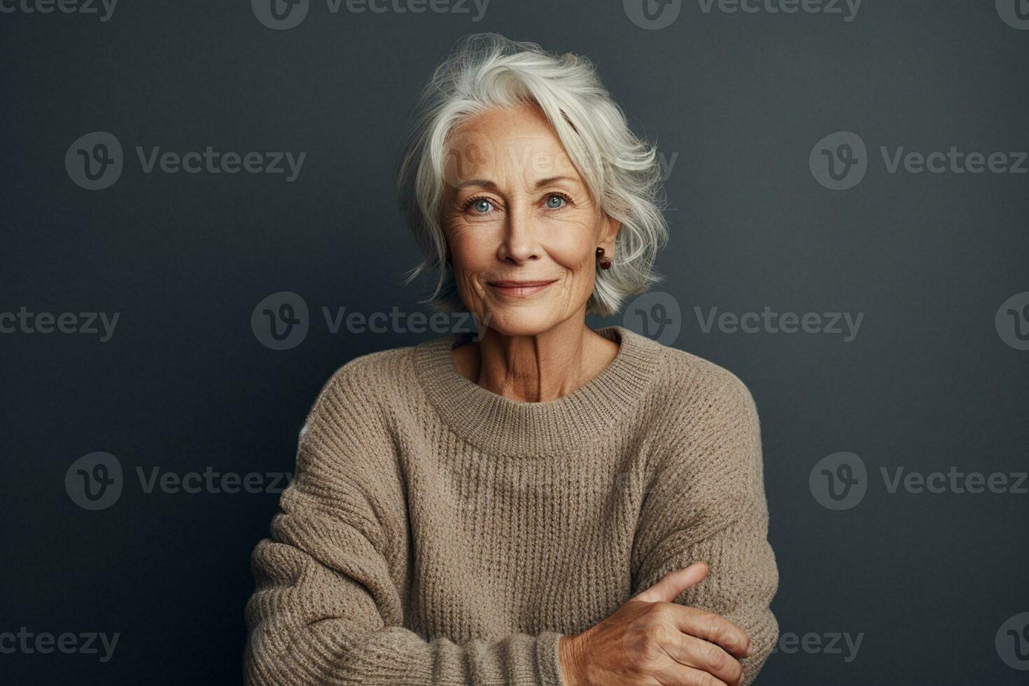 Portrait of a Happy Senior Woman in a Cozy Sweater, Radiating Serenity. Generative By Ai photo
