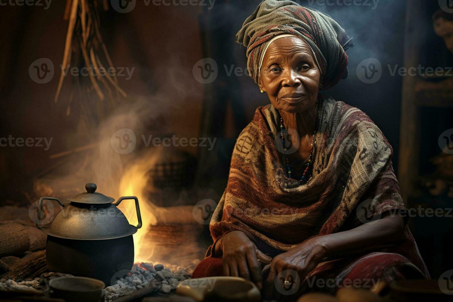 Old African Woman at the Fireside. Generative By Ai photo