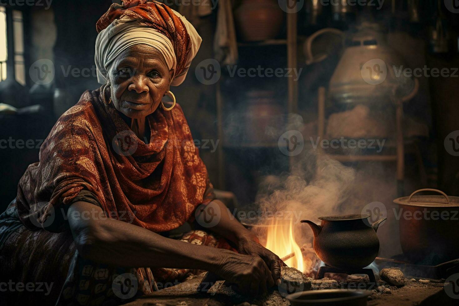 Old African Woman at the Fireside. Generative By Ai photo