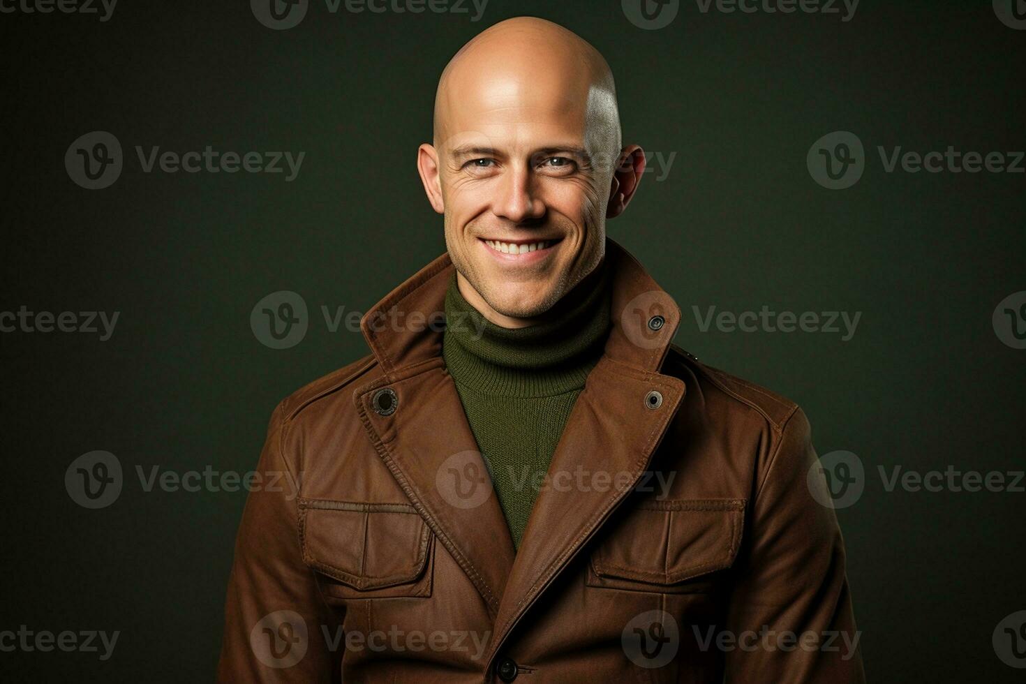 retrato de un sonriente joven hombre en un marrón chaqueta. generativo por ai foto