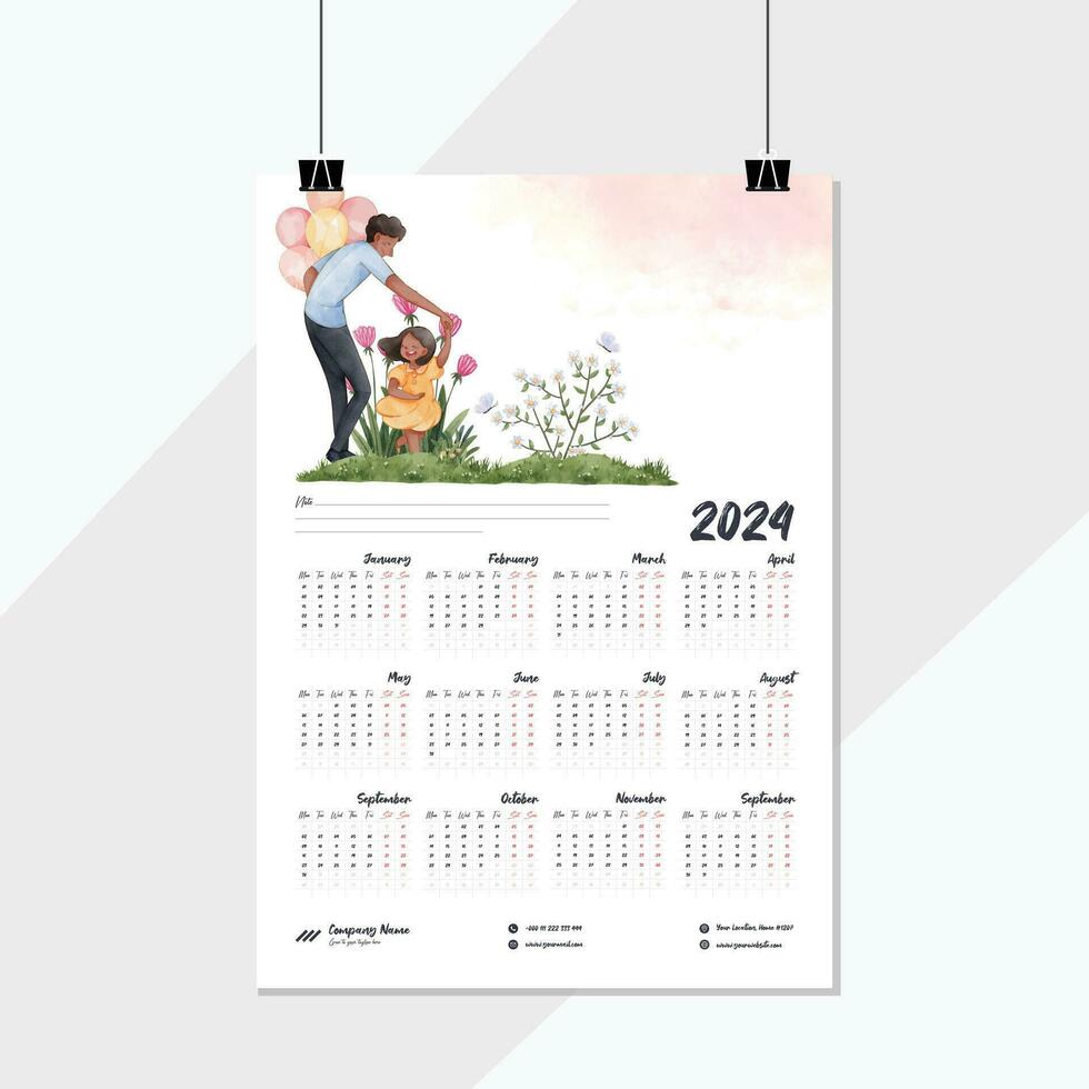 Calendar 2023 2024 - vector and water color illustration. Week starts on Sunday