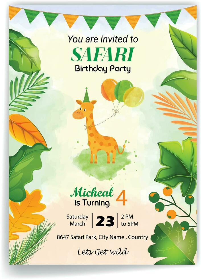 safari cumpleaños saludo tarjetas con linda animales, hoja y globo. gracioso selva fiesta. vector ilustración.