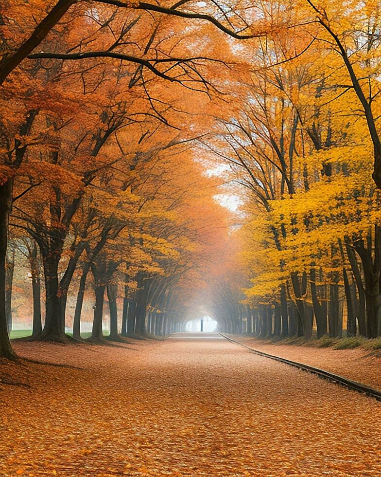 Photo road is surrounded by trees with colorful leaves during fall  AI-generated