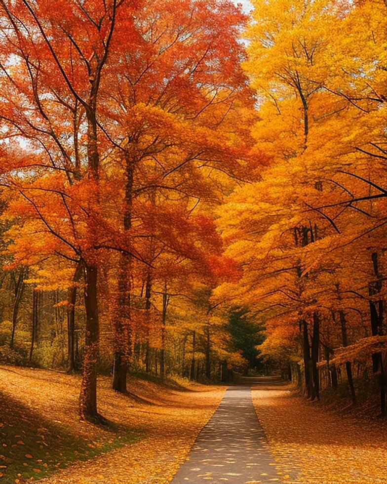 Photo road is surrounded by trees with colorful leaves during fall  AI-generated