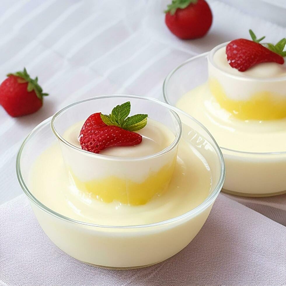 Gourmet dessert plate with caramel and fruit generative AI photo