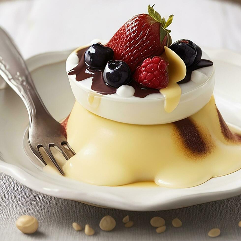 Gourmet dessert plate with caramel and fruit generative AI photo