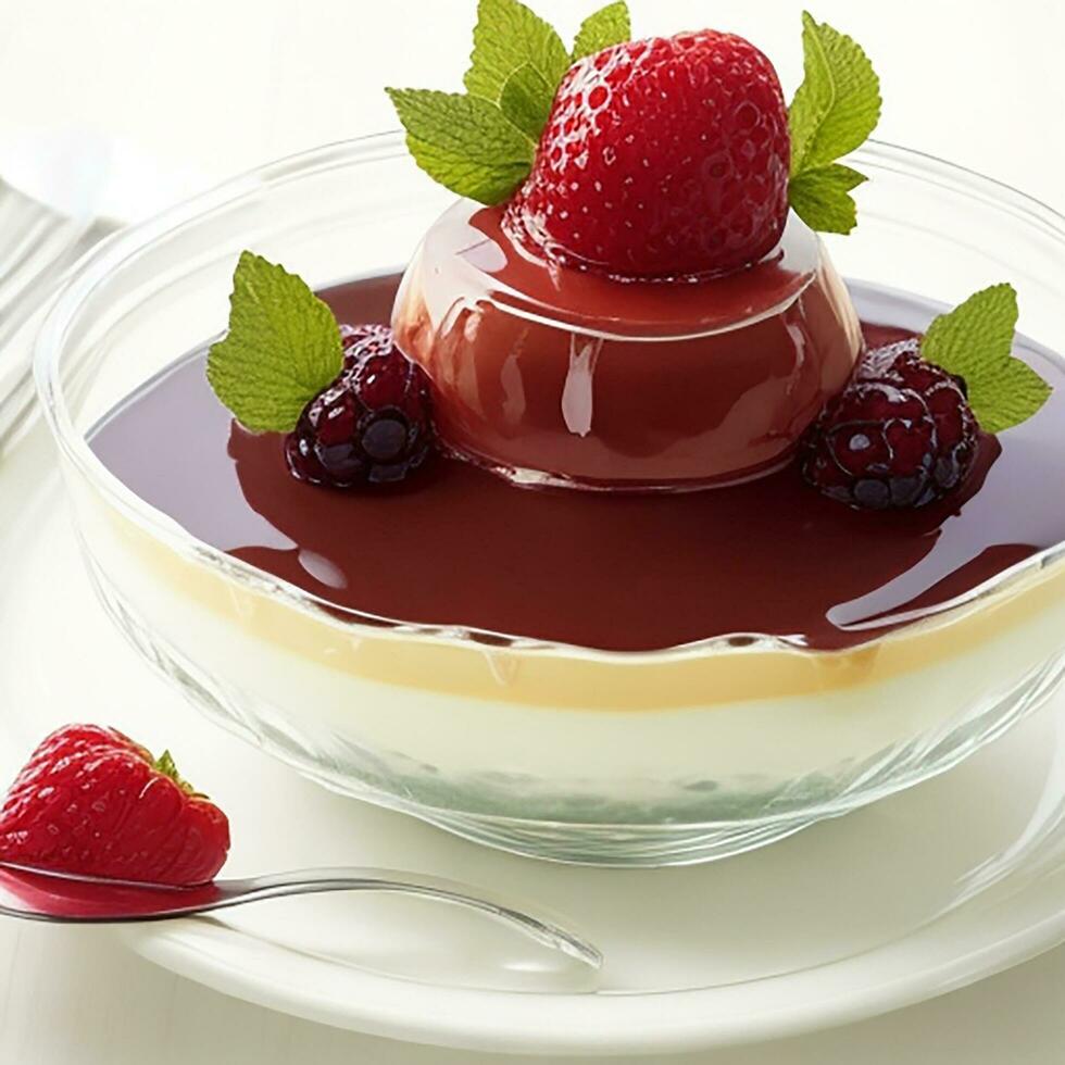 Gourmet dessert plate with caramel and fruit generative AI photo