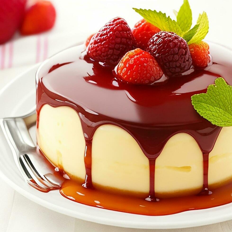 Gourmet dessert plate with caramel and fruit generative AI photo
