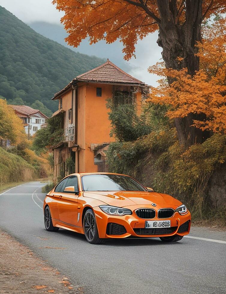 BMW car on the side of the city road Ai photo