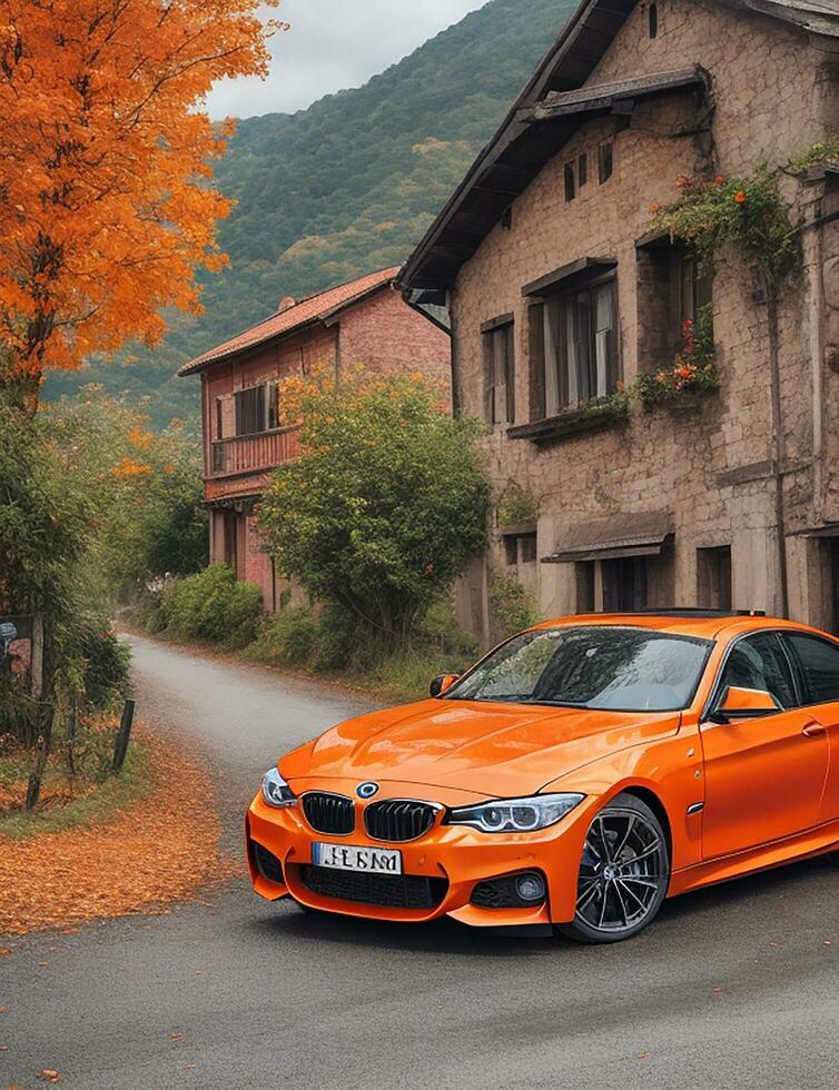 BMW coche en el lado de el ciudad la carretera ai foto