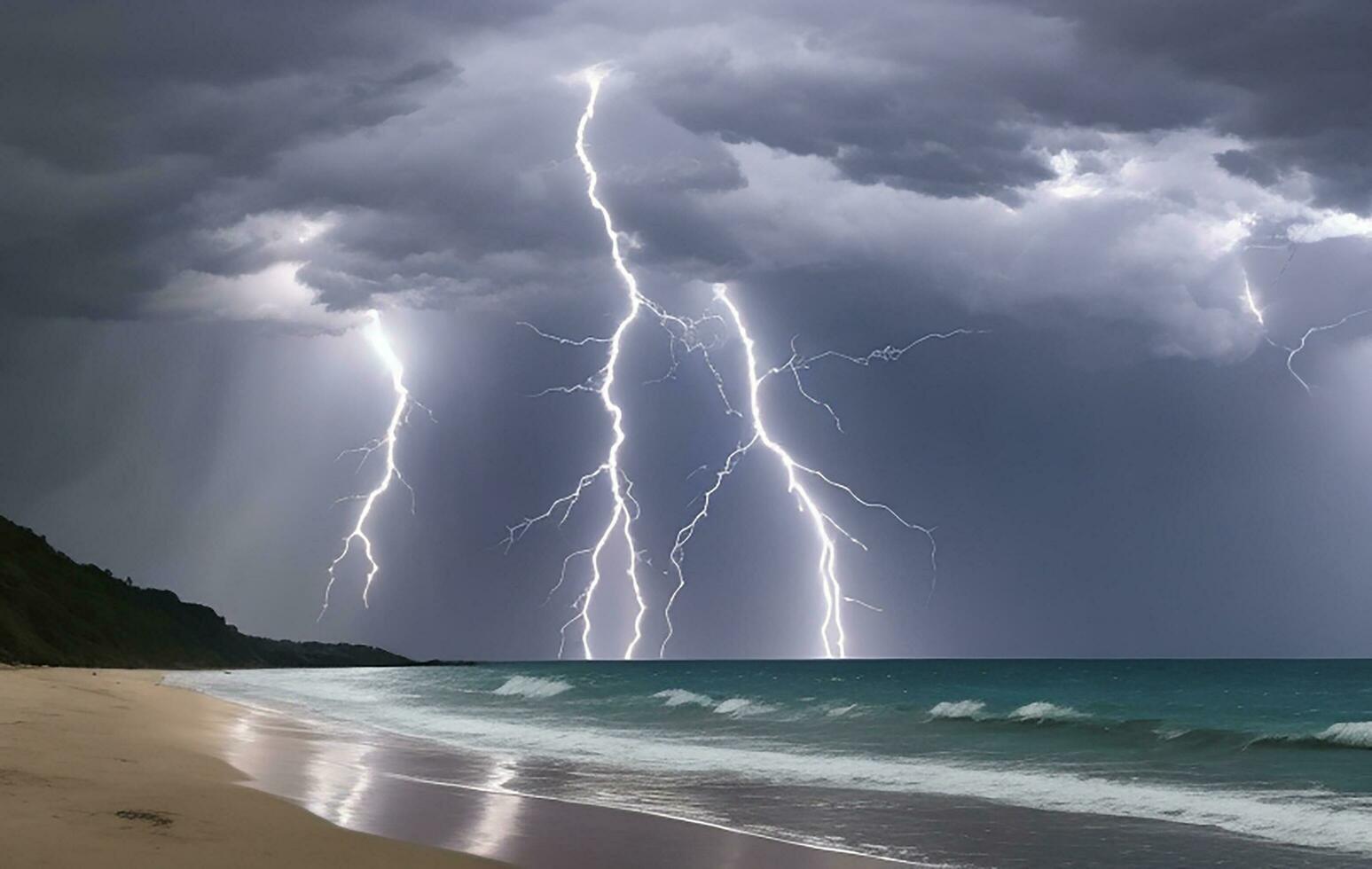 Thick black clouds flashed lightning in the sky photo