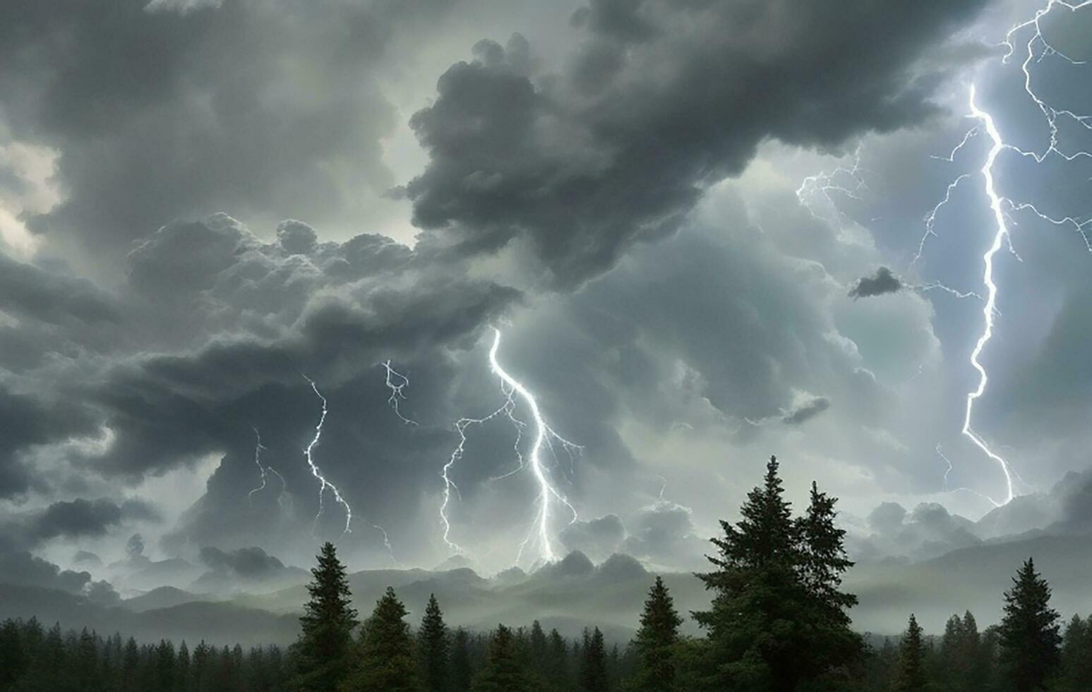 Thick black clouds flashed lightning in the sky photo