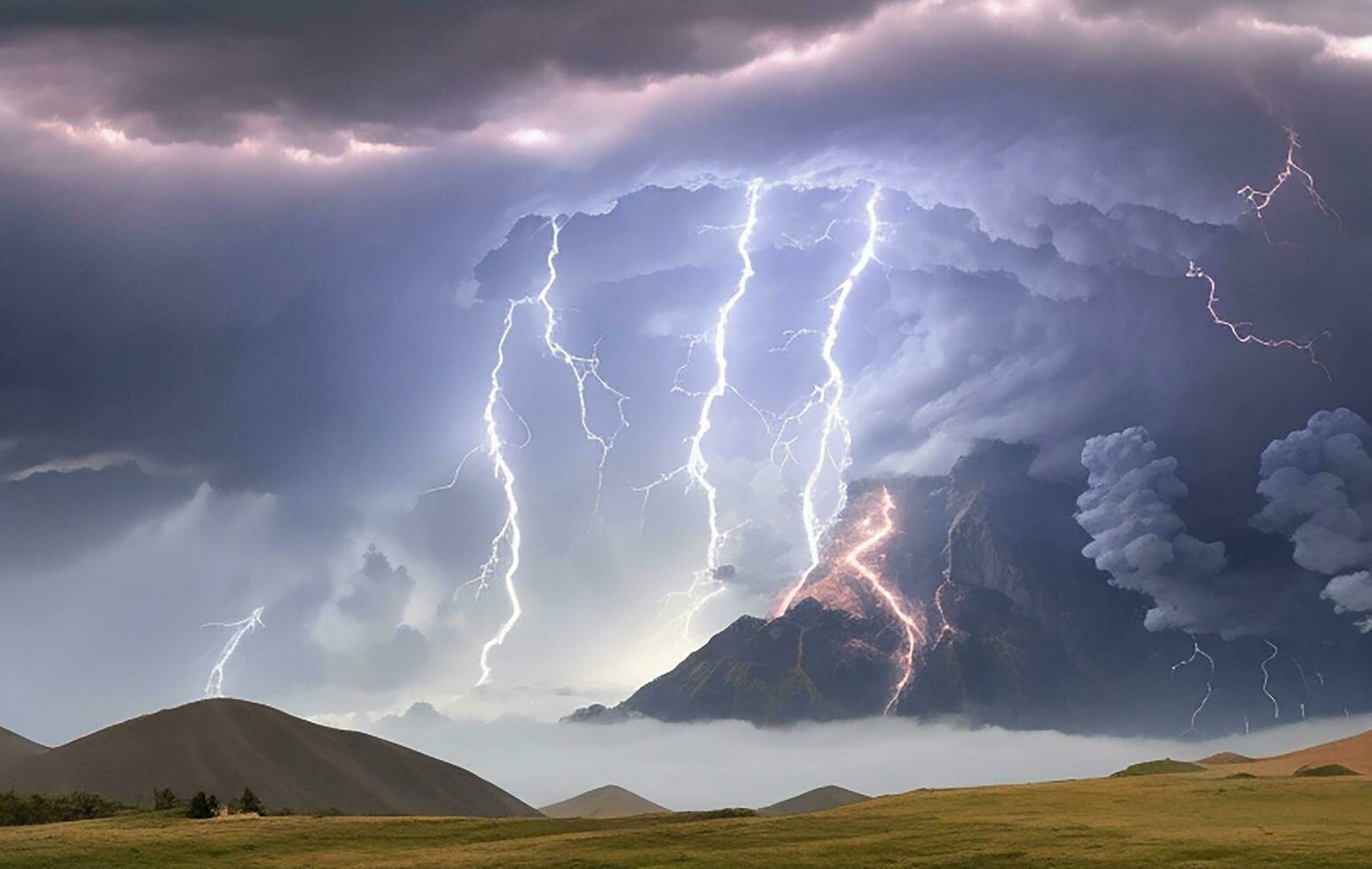 Thick black clouds flashed lightning in the sky photo