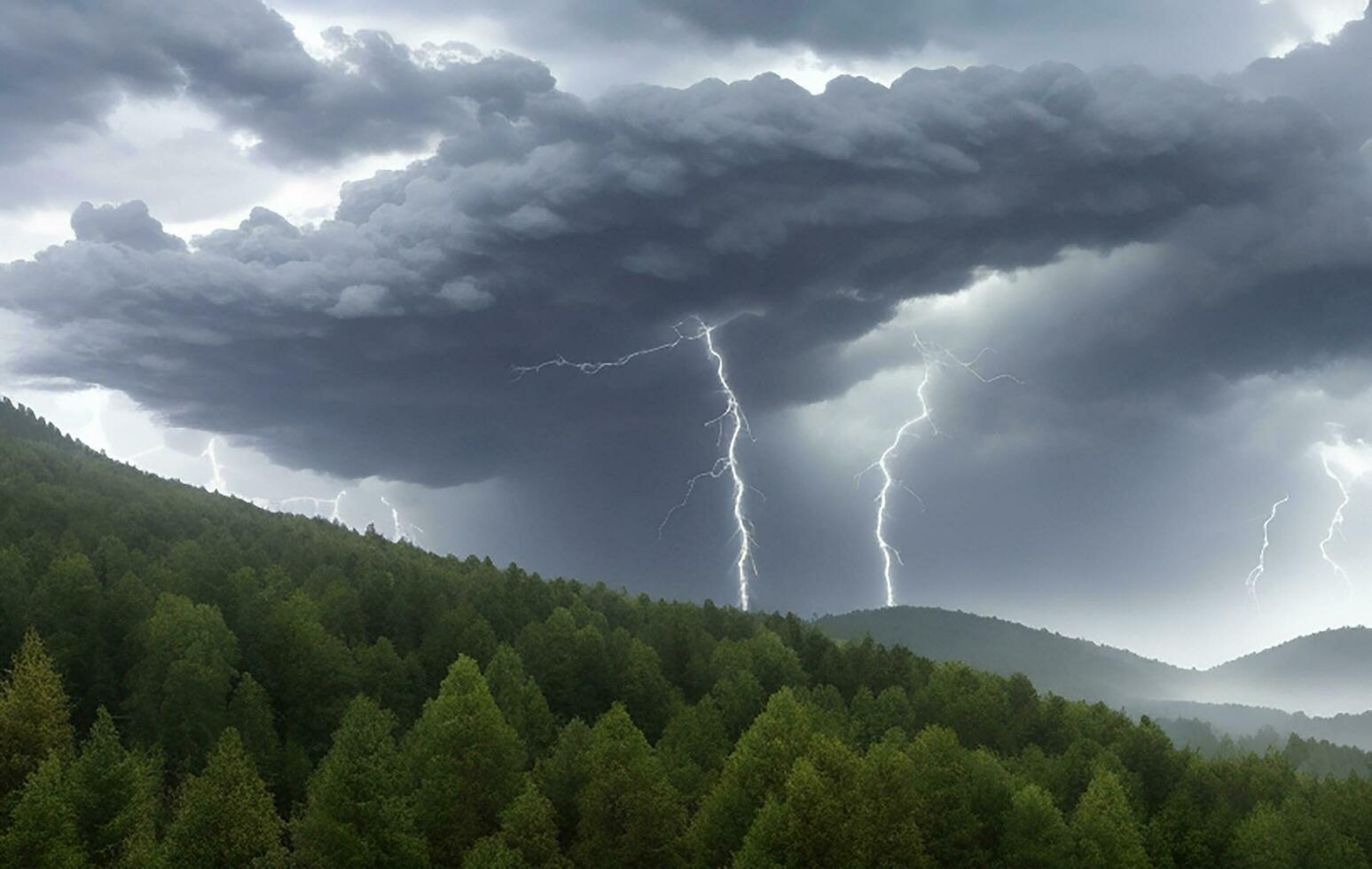 Thick black clouds flashed lightning in the sky photo