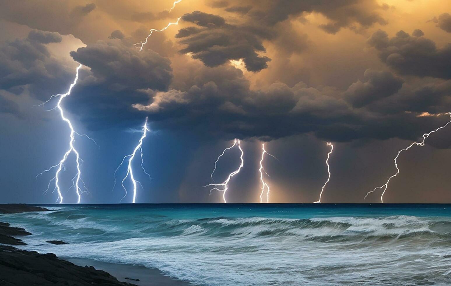 Thick black clouds flashed lightning in the sky photo