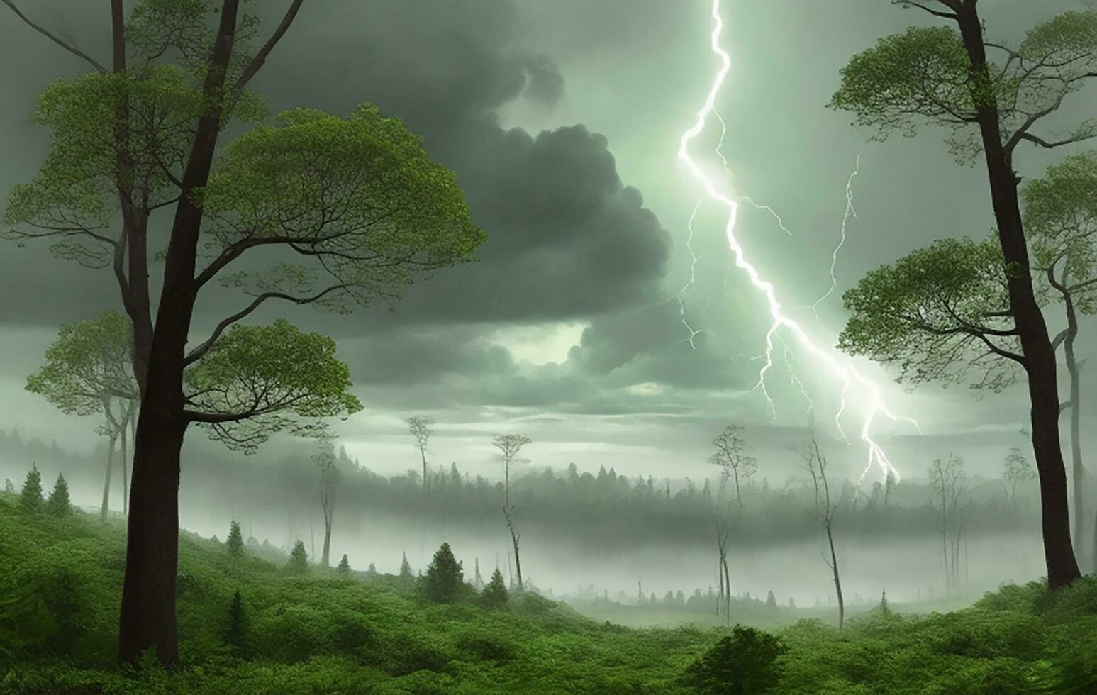 Thick black clouds flashed lightning in the sky photo