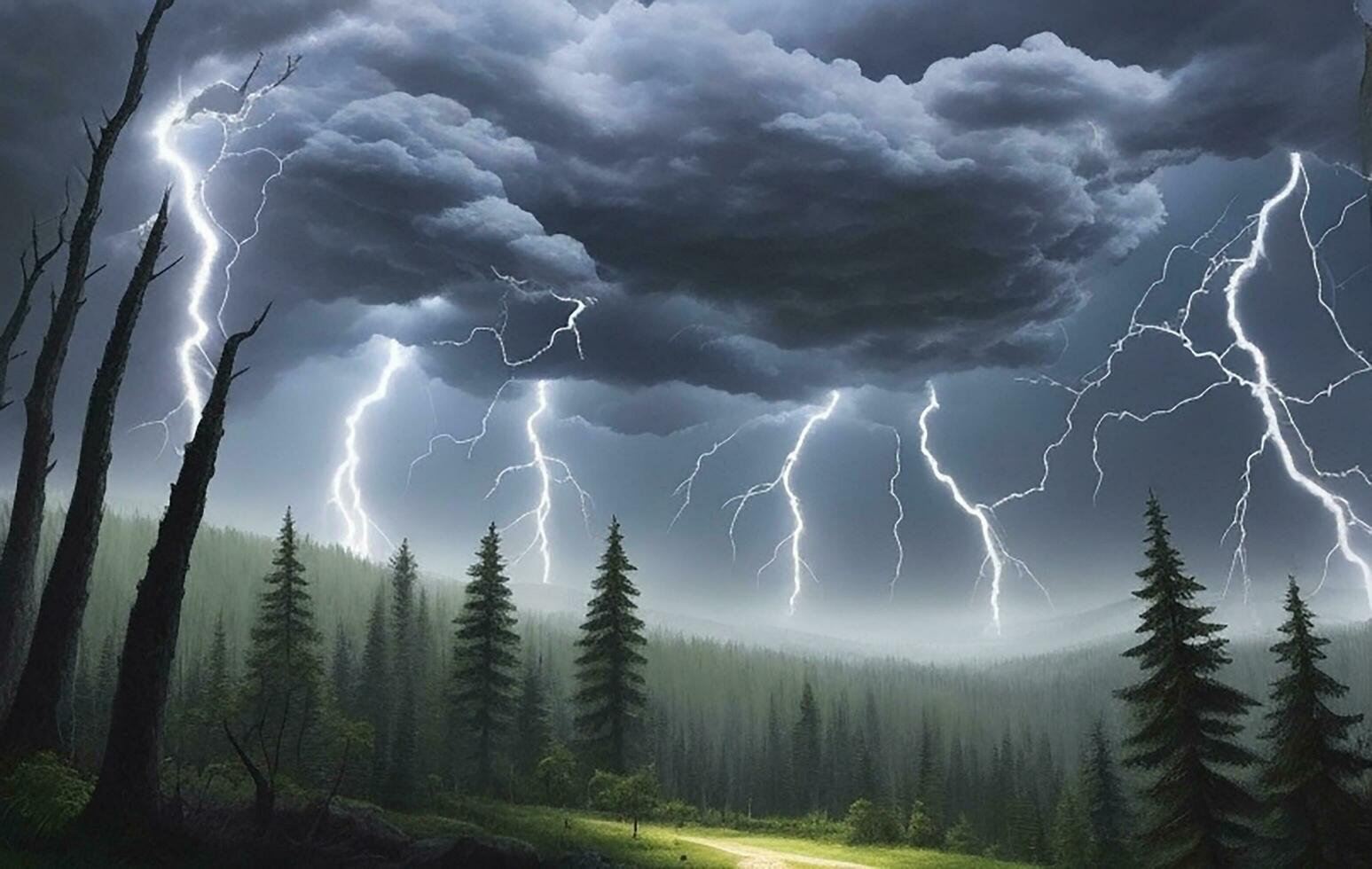 Thick black clouds flashed lightning in the sky photo