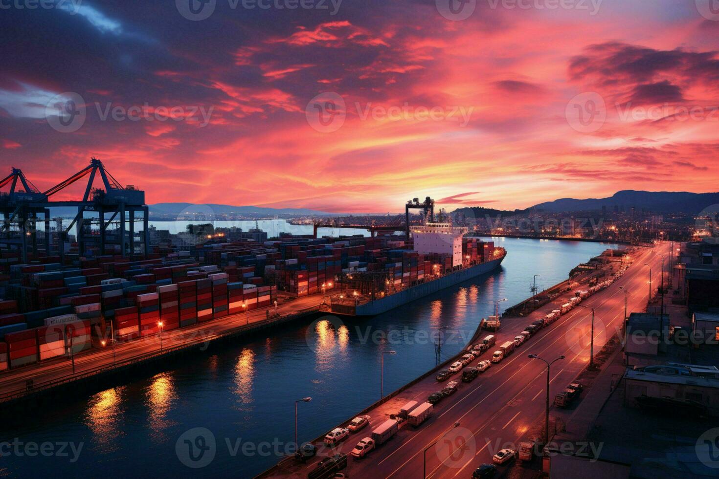 Vibrant twilight at contemporary port, bustling logistics form captivating background AI Generated photo