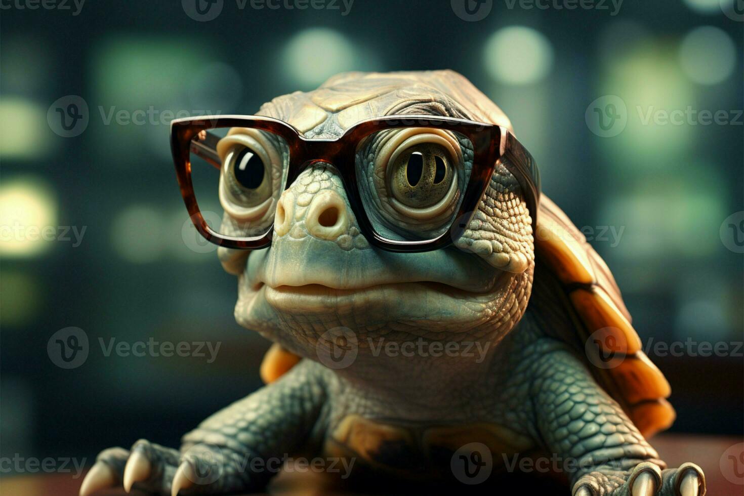 Wise green turtle in glasses, blurred background, humorous intelligence personified AI Generated photo