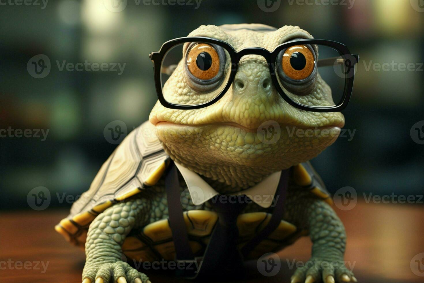 sabio verde Tortuga en anteojos, borroso fondo, humorístico inteligencia personificado ai generado foto