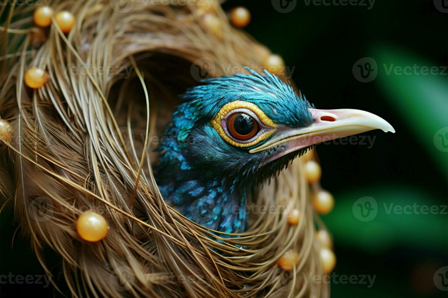 Close up perspective highlights the intricate beauty of a peacocks face AI Generated photo