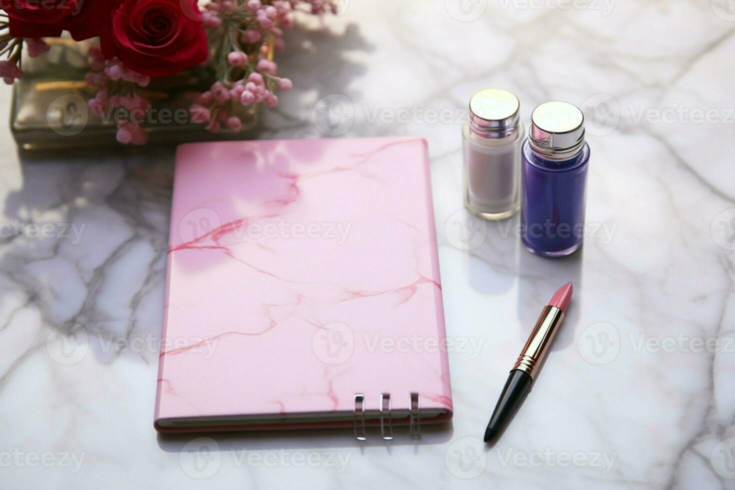 Marble setting with notepad, pen, and a splash of nail polish AI Generated photo