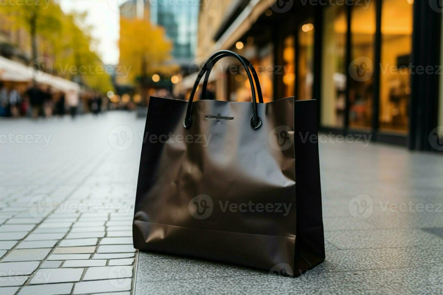 Sidewalk companion a lone black shopping bag on the street AI Generated photo