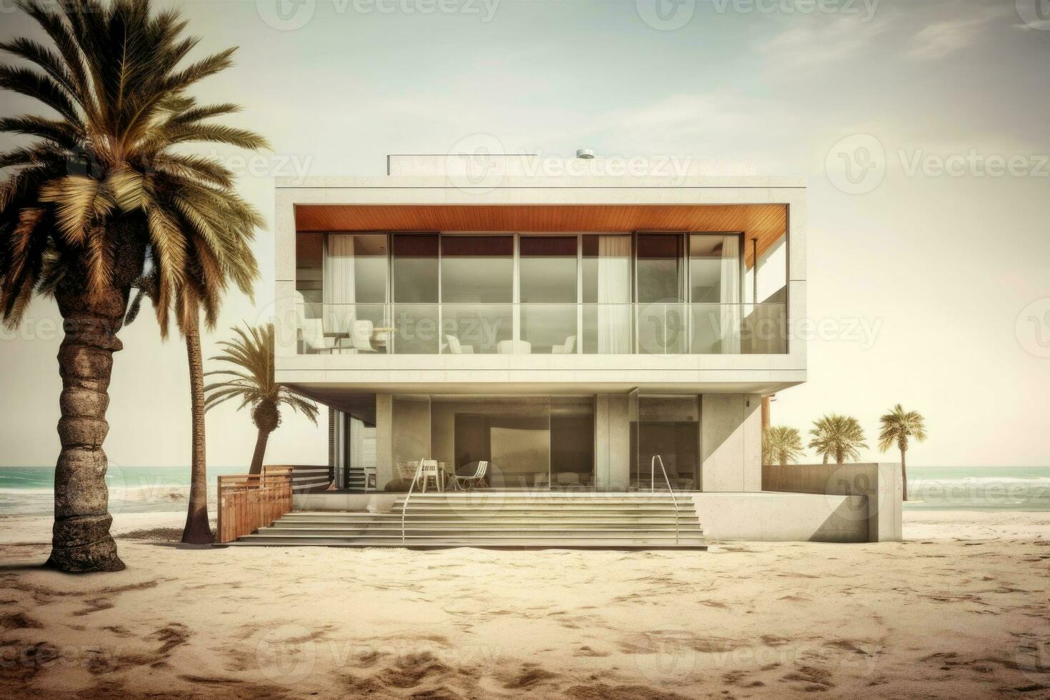 Modern beach house near the sea. Private residence on the beach. Generative AI photo