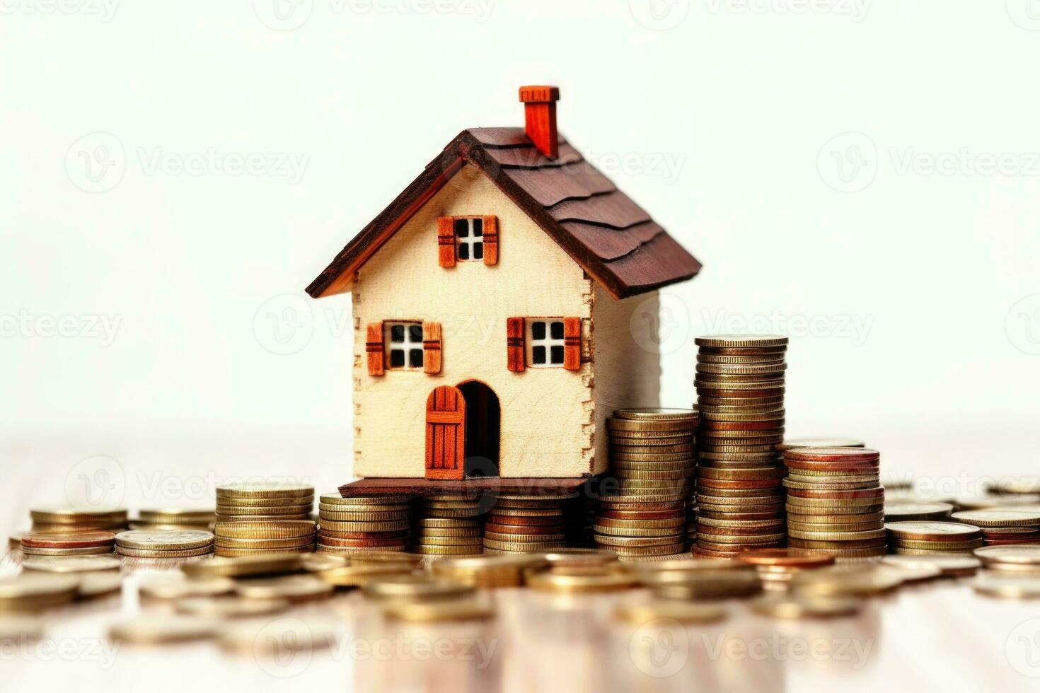 Small house and stack of coins on white background. Concept of investment property. Generative AI photo