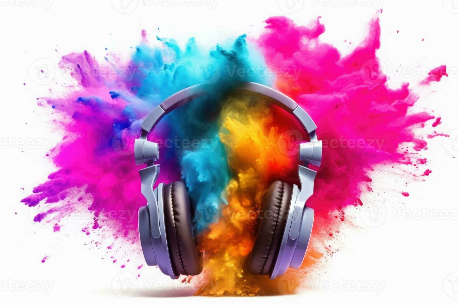 Headphone and vivid color powder on white background. Generative AI photo