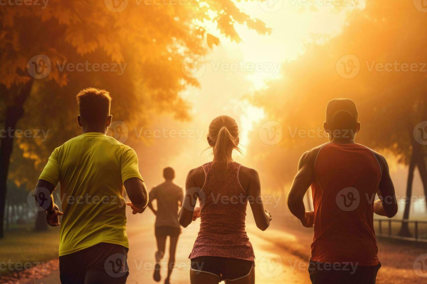 Back view of a group of people running in the park. AI generated photo