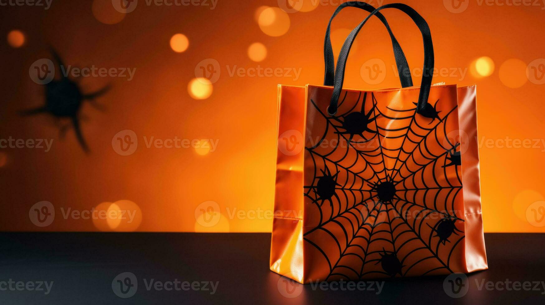 Bag and decor for Halloween on an orange background. Holiday shopping and sale concept. AI generated photo