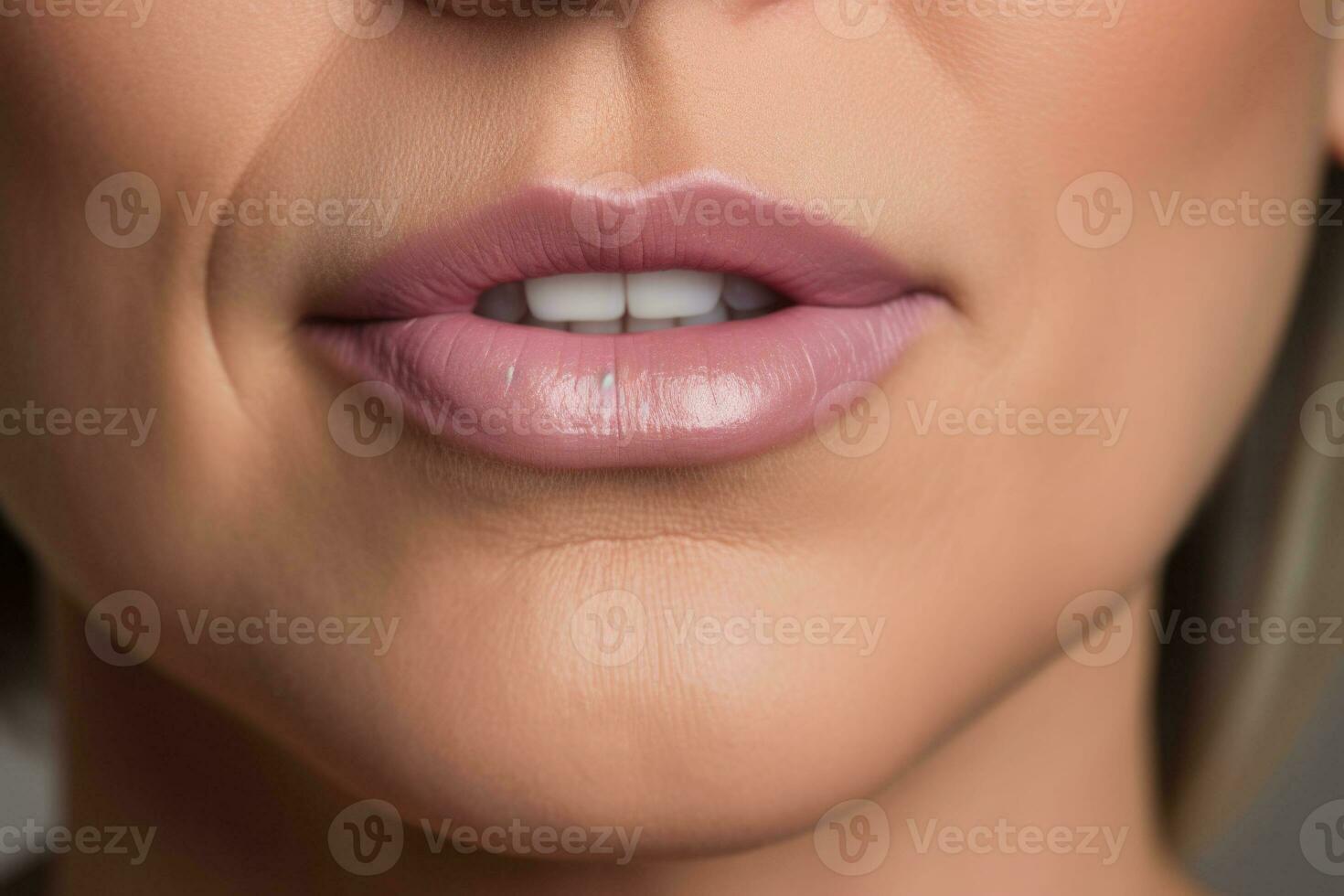 Close up on the mouth of a middle aged woman with her mouth closed. AI generated photo