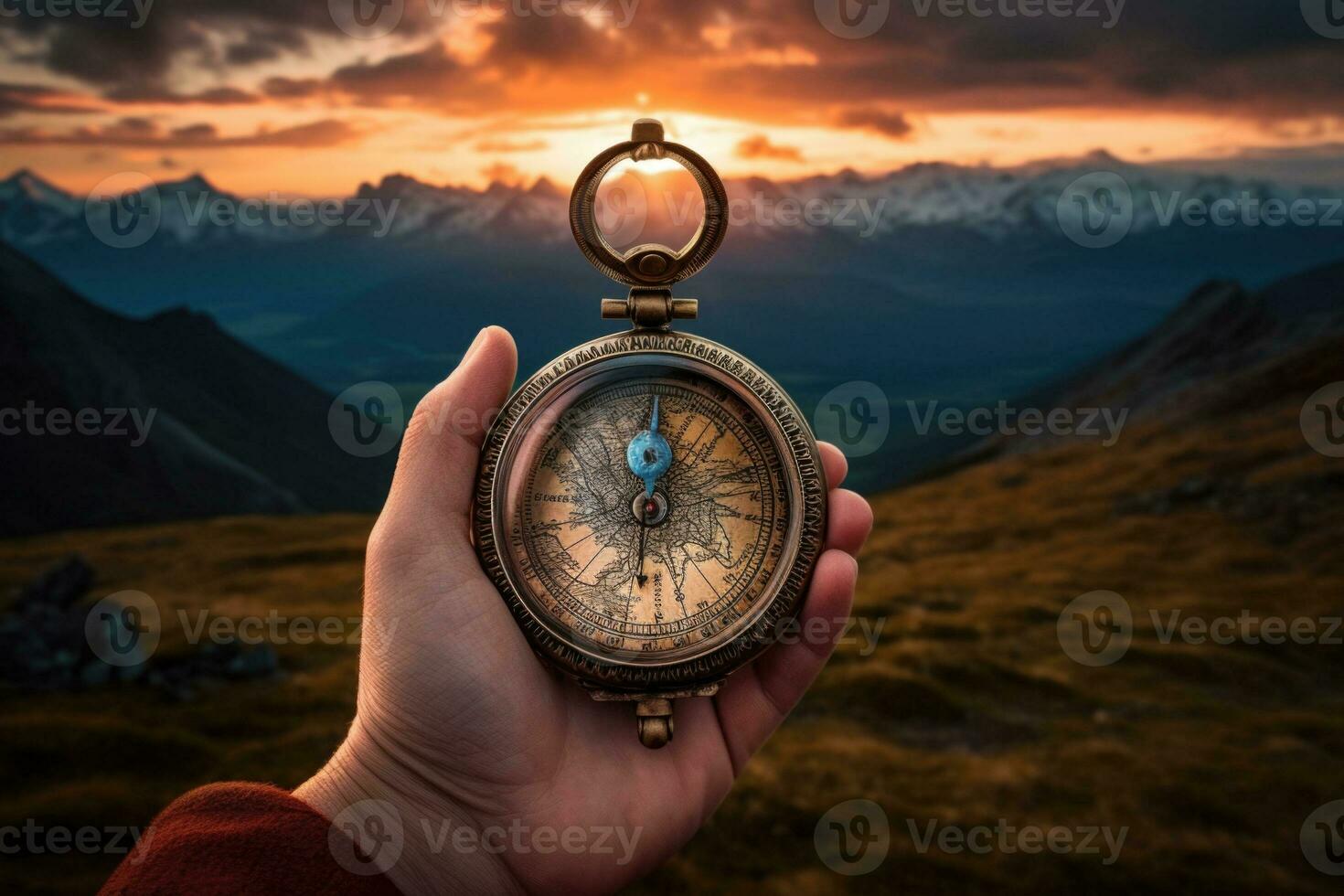 Beautiful landscape with old compass on traveler's hand. The concept of navigating the search for your own path. AI generated photo