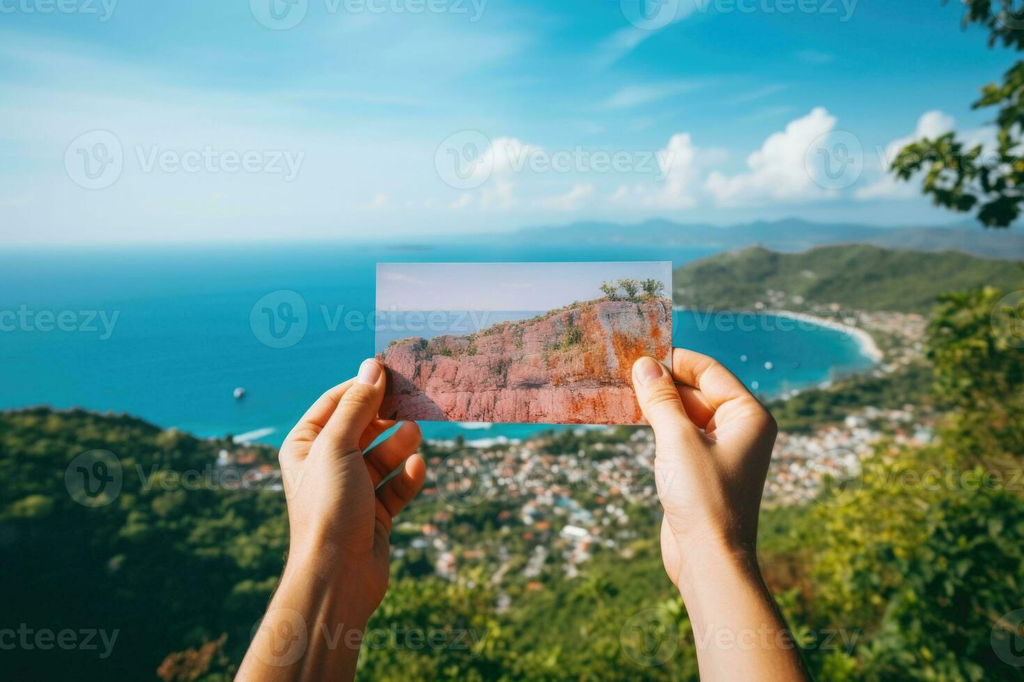 irreconocible turista sostiene tarjeta postal en frente de natural paisaje. ai generado foto