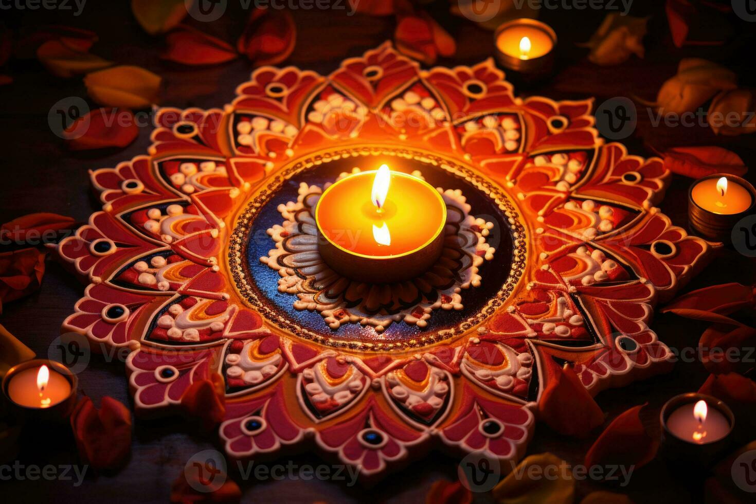 Lamps lit during diwali celebration. Lighting candles in rangoli patterns. AI generated photo